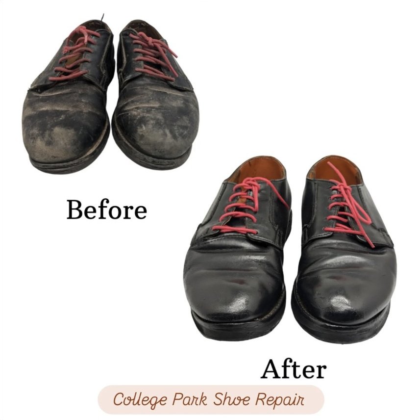 Men's black shoe restoration — before and after